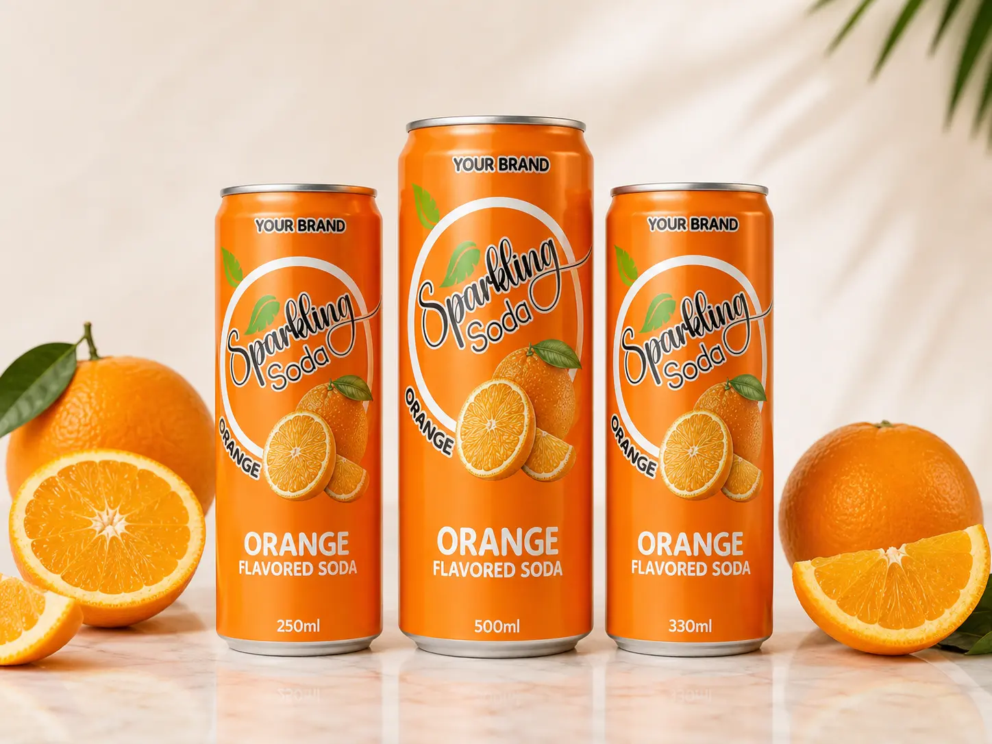 FUNCTIONAL SODA Orange Flavored Drink in 250ml, 330ml, and 500ml cans with fresh oranges around the display.